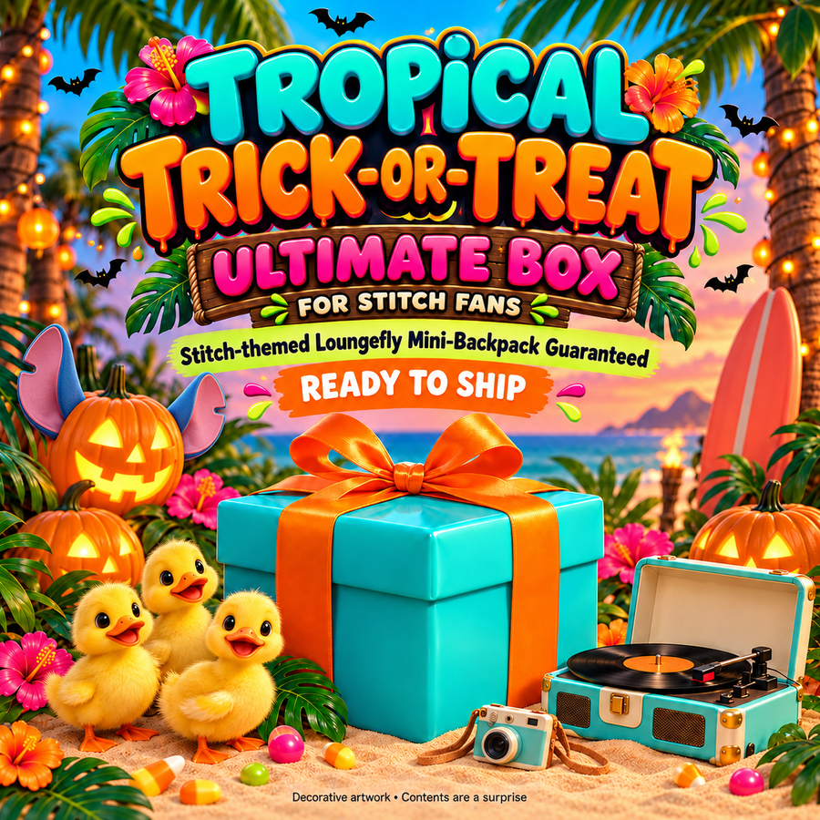 Tropical Trick-or-Treat Ultimate Box for Stitch fans, featuring a pumpkin with blue and pink Stitch-shaped ears, ducklings and a record player. Decorative artwork; contents are a surprise.