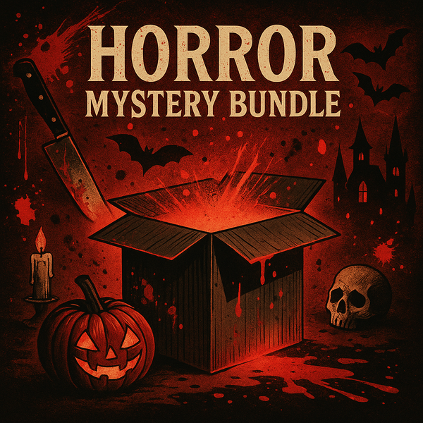 Horror-themed promotional graphic with an open box, pumpkin, knife, and skull on a dark background.