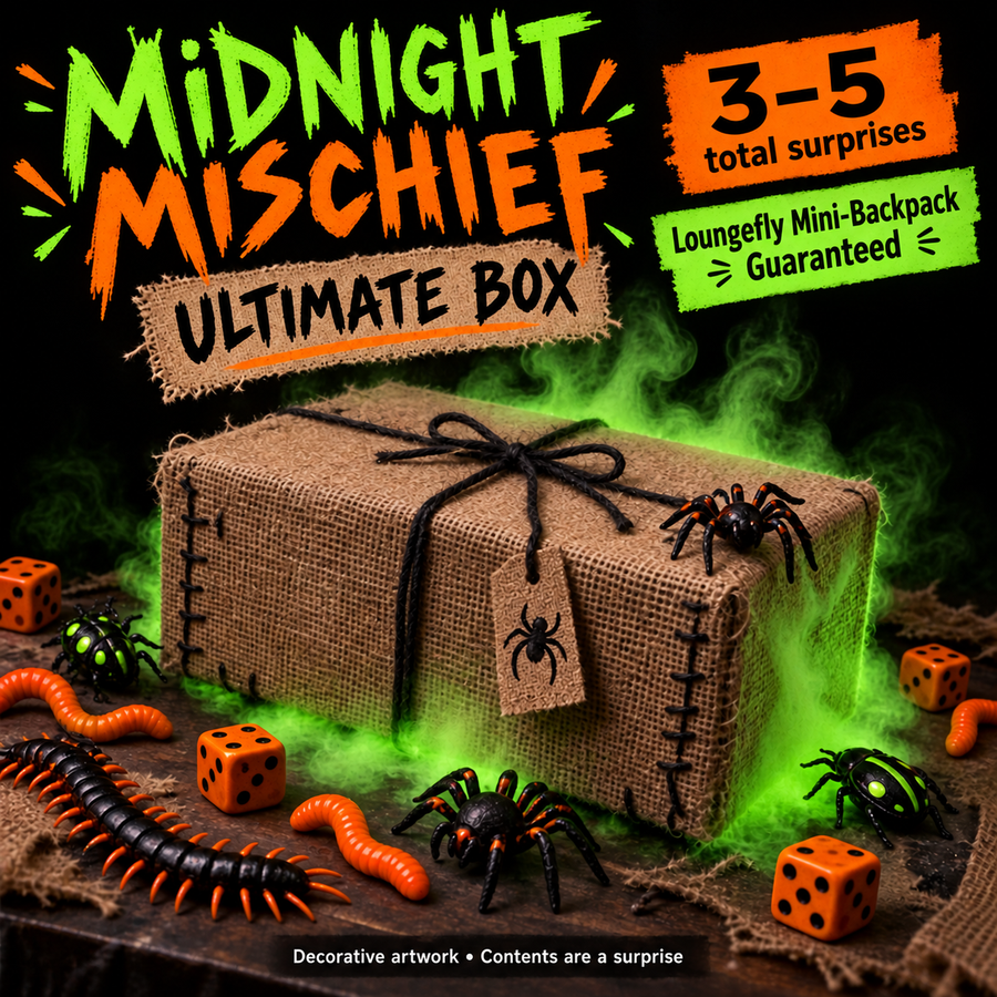 Midnight Mischief Ultimate Box with decorative burlap gift box, dice and crawling bugs in orange and blacklight green. 3–5 total surprises, Loungefly mini-backpack guaranteed.