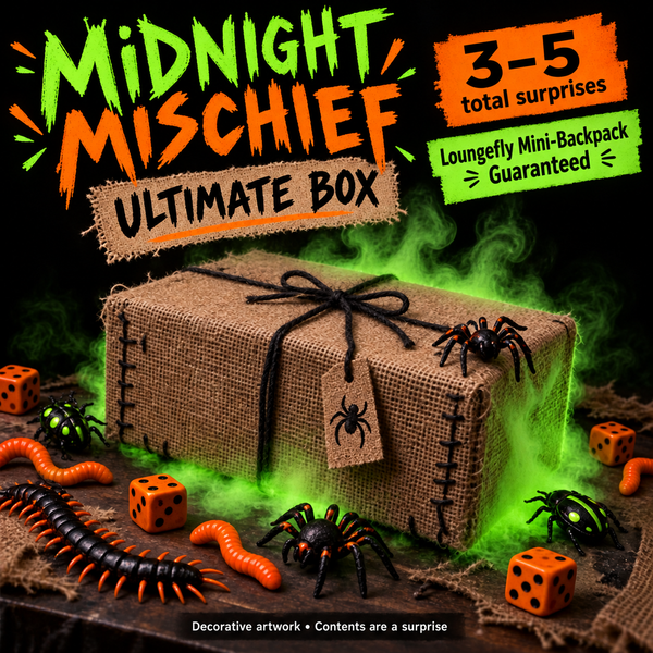 Midnight Mischief Ultimate Box with decorative burlap gift box, dice and crawling bugs in orange and blacklight green. 3–5 total surprises, Loungefly mini-backpack guaranteed.