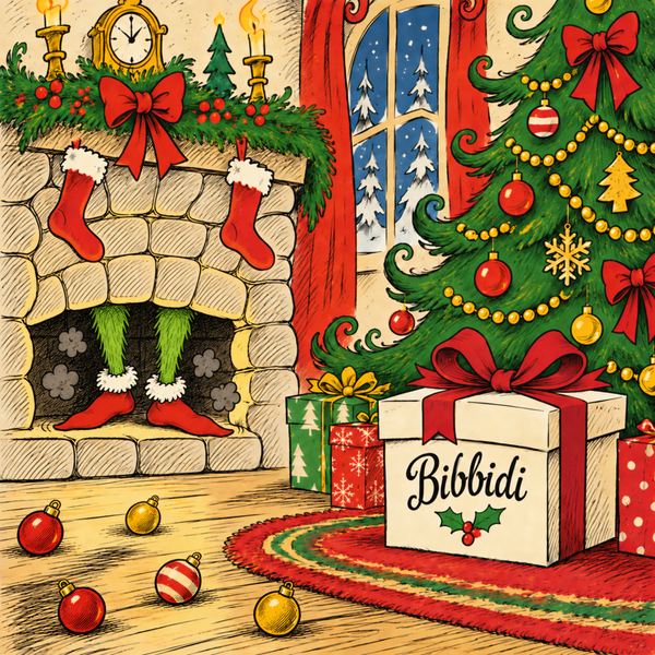Whimsical Christmas illustration of green furry legs from the knees down emerging from a chimney in red slippers, with scattered ornaments and a Bibbidi gift box beneath the tree. Decorative artwork; contents are a surprise.