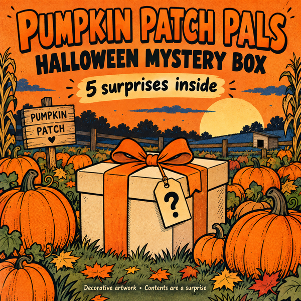 Pumpkin Patch Pals Halloween Mystery Box, 5 surprises inside. Original comic artwork of uncarved pumpkins, a gift box and small wooden doghouse.
