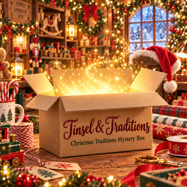 Tinsel & Traditions Christmas Traditions Mystery Box: an open kraft box with golden magic in Santa’s festive workshop. Decorative artwork; contents vary.